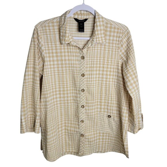 Ali Miles Yellow Checkered Gingham Tunic Top Medium Button Down Flowy 3/4 Sleeve - Picture 1 of 6